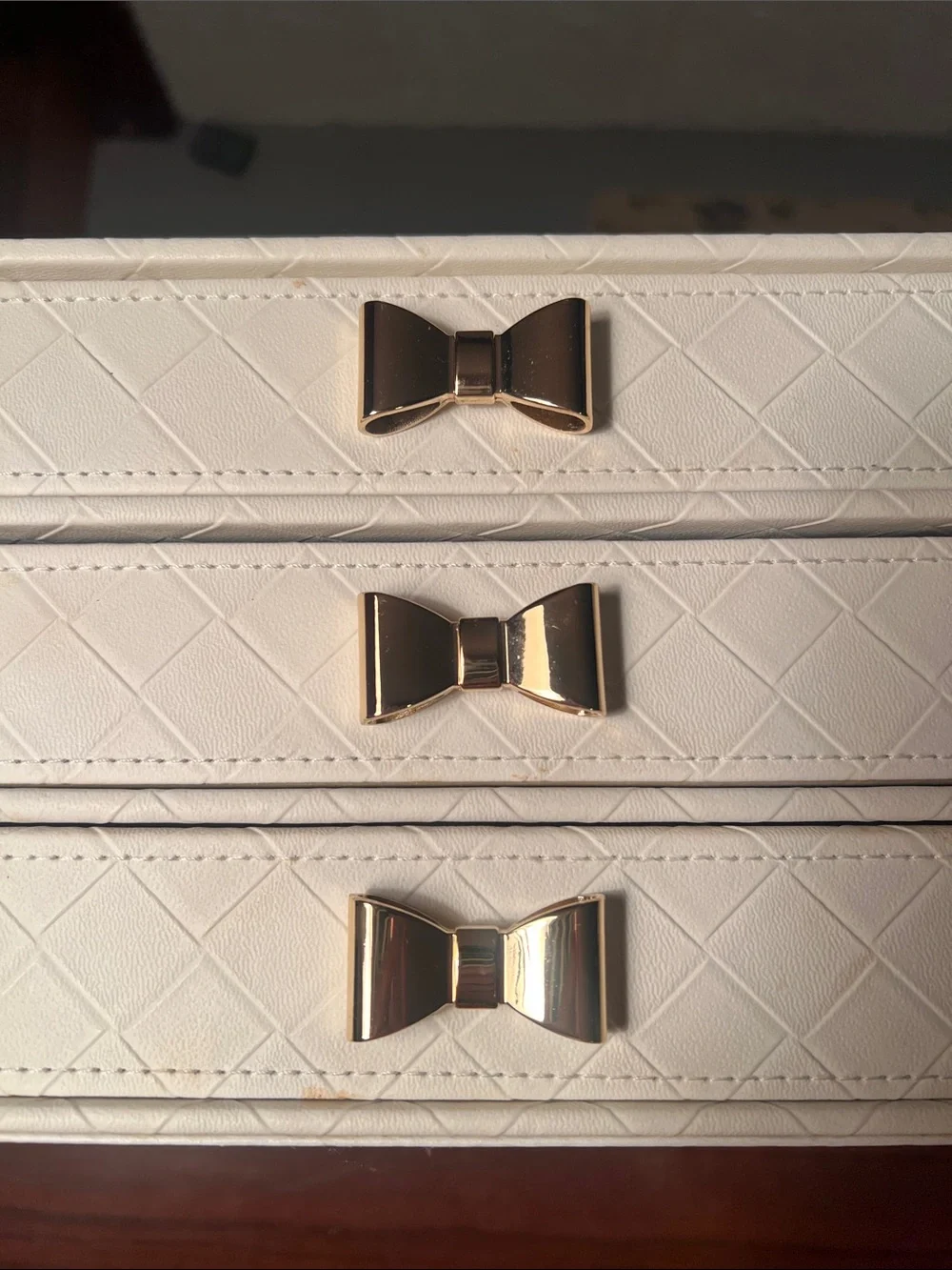 White Quilted 3-Drawer Jewelry or Cosmetic Drawers with Gold Bow Pulls